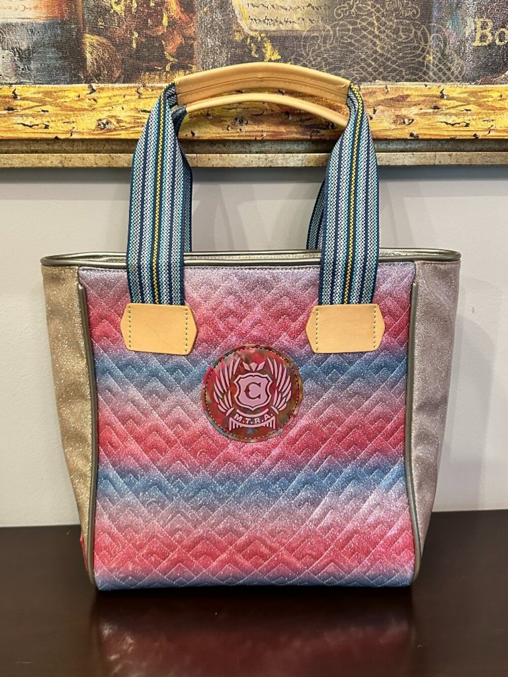 Consuela Nico Classic Tote Pink Blue Quilted Glitter Bag 13" X 13.5"